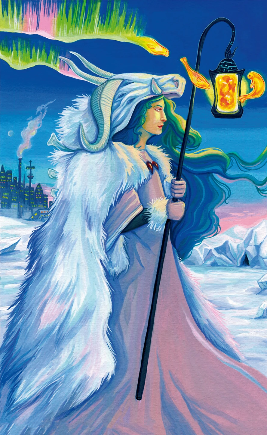  Mystic wielding a lantern with swirling fish spirits, set against an arctic backdrop with a far very cold city off in the distance. The beast she wears demonstrates her intimidating power, while providing warmth critical for survival. 