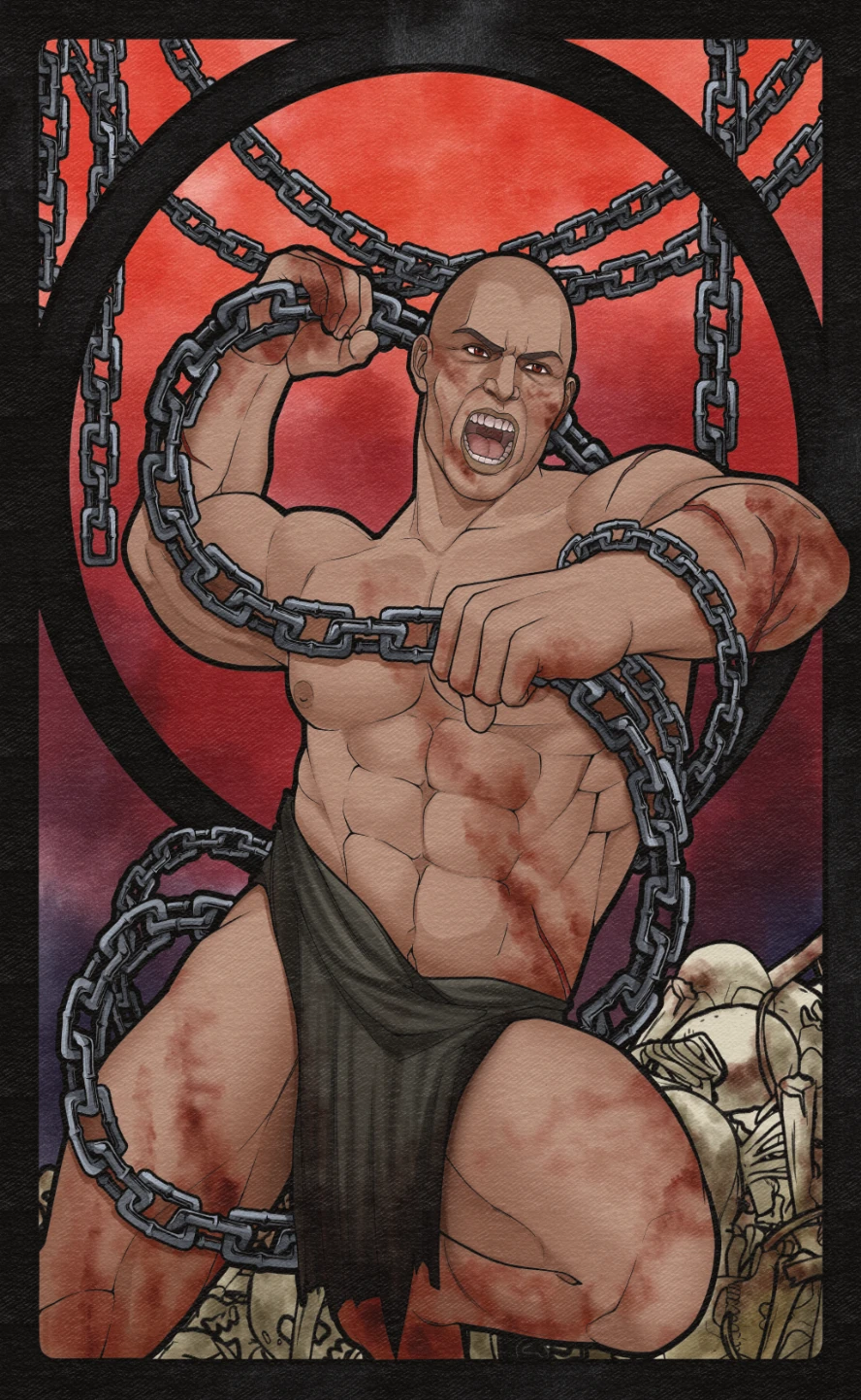  A bald over the top buff man with abs on his head encircled by chains weighing thousands of pounds (or kilograms. You know, they are EXTREMELY HEAVY). He stands ferociously atop a bone pile, are they his victims or is he about to become one of them? 