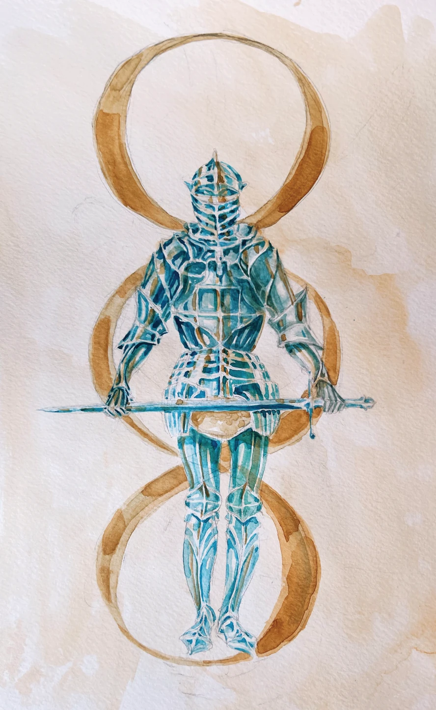 watercolor knight standing resolute in front of a triple infinity