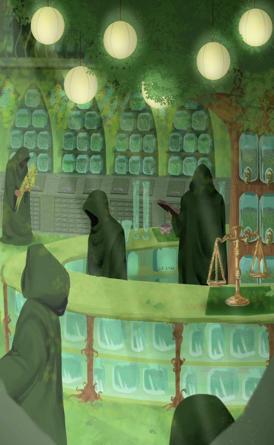 hooded beings move about a store hidden in a wooded setting